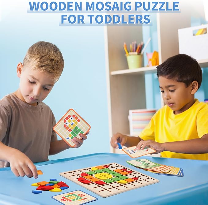 Montessori Tangram Educational, Geometric Shapes Puzzle Toys with 120Pcs Wooden Puzzle Blocks and 20Pcs Cards, Colorful Pattern Montessori Children's Educational Gifts for Kids Ages 3 and Up