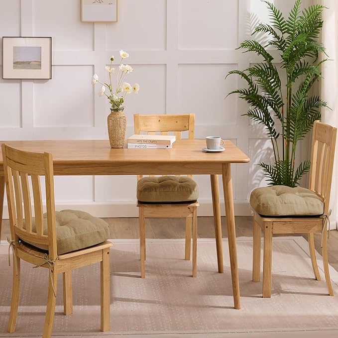 Chair Cushions for Dining Chairs, Dining Chair Cushions, Tufted Indoor Chair Pads with Ties & Non Slip Backing, Seat Cushions for Kitchen Chairs 16.5” x 16.5” x 3.5”, Set of 4, Khaki