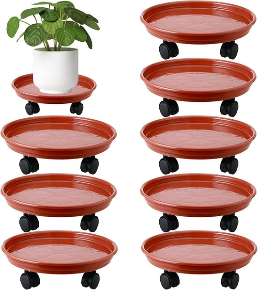8 Packs Plant Caddy with Wheels 11.8" Plastic Rolling Plant Stands Heavy-Duty Plant Dolly with Casters Indoor and Outdoor Plant Roller Base Large Heavy Plant Pot Saucers with Wheels, Rust Red