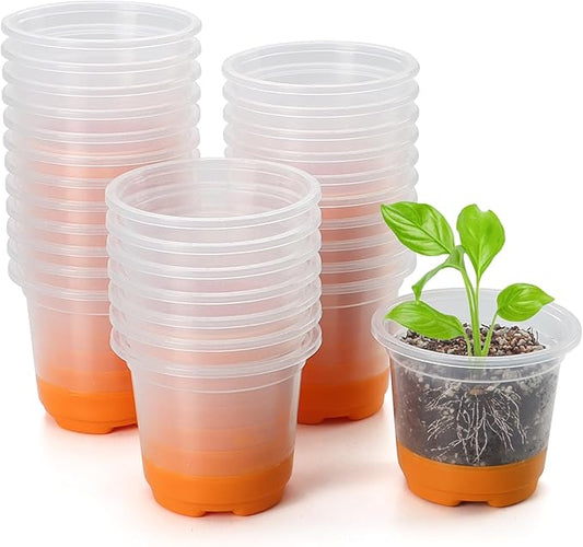 MIXC 30 Packs 4" Reinforced Clear Nursery Pots with Silicone Base for Easy Transplant, Transparent Plastic Plant Pot Reusable Seedling Pots Seed Starter Pots Flower Pot, Orange