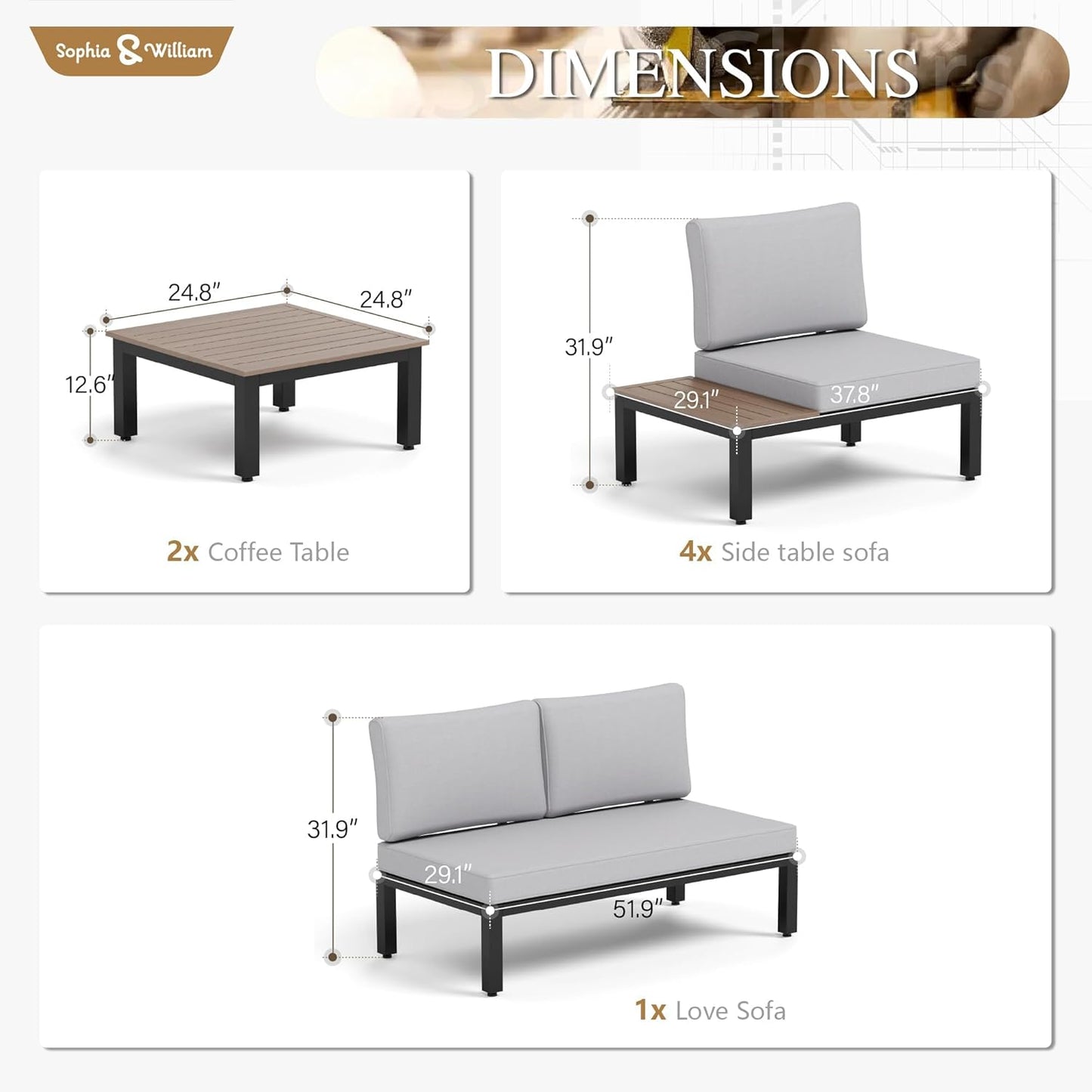 Sophia & William Outdoor Sectional Sofa 7 Piece Metal Outdoor Sectional Furniture Couch Patio Conversation Set with Cushions-4 x Single Sofa with Side Table, 1 x Loveseat, 2 x Tea Table