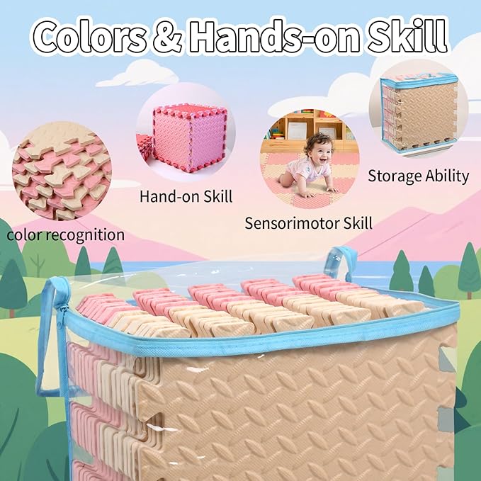 36 Tiles Foam Play Mat for Baby, 0.4 Inch Thick Foam Interlocking Floor Mats, Soft Non-Toxic Baby Playmat, Solid Colored Puzzle Play Mat Kids Floor Mats for Toddler(Beige/Loli Pink)