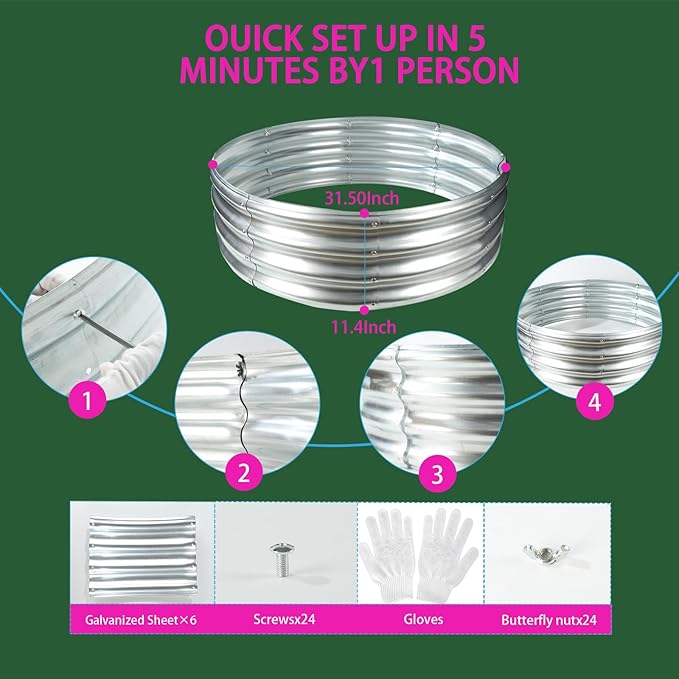 Durable Round Galvanized Steel Raised Garden Bed for Planting,Round Galvanized Steel Fire Ring/Fir Pit 32-Inch for Outdoor,0.8MM Thick (32 ins Diameter x 12 ins high, Silver)