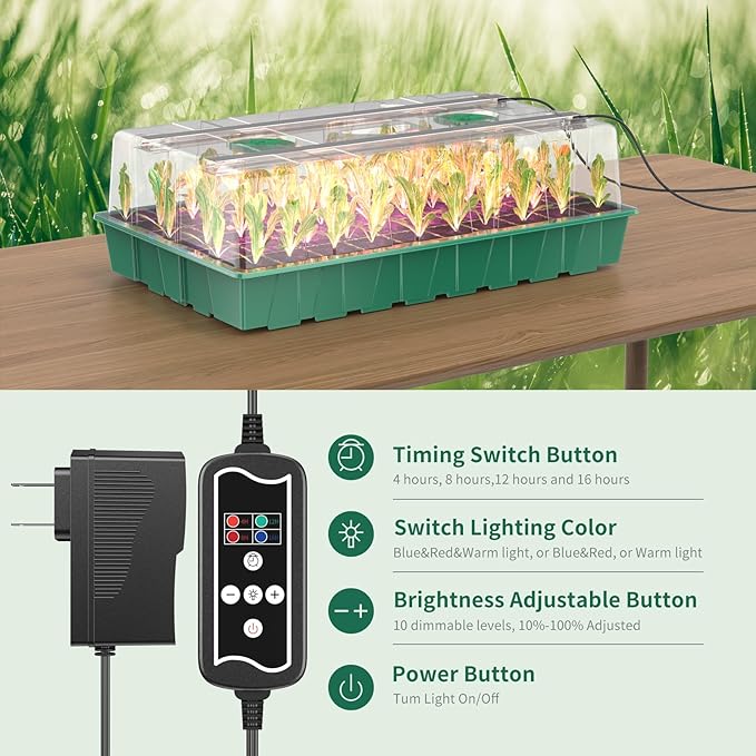 Seed Starter Tray, 120-Cell Seed Starter Kit with Grow Light, 2 Pack Reusable Seeding Starter Trays with Air Vent Humidity Domes for Greenhouse Gardening Indoor Planting Growing (Green Base)