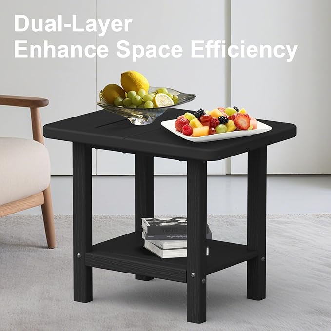 Outdoor Side Table - 2-Tier Storage All Weather Outdoor End Table for Patio - HDPE Morden Easy Maintenance Adirondack Side Table for Pool Porch Balcony Garden Lawn Backyard Outside Indoor
