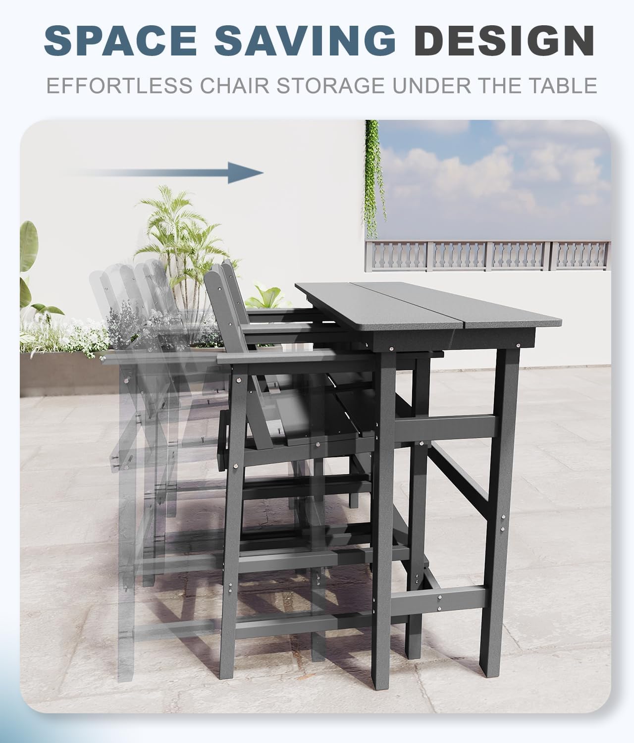 Bar Height Patio Table and Chairs Set, 3-Piece HDPE Outdoor Adirondack Bar Chairs and Patio Table, All-Weather Patio Furniture for Poolside, Backyard, Garden, High Top Patio Bar Set, Grey