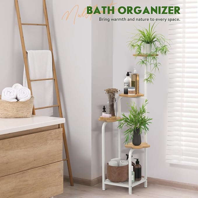 TOSKING 5 Tier Plant Stand Indoor 48''H Tall ,Heavy Duty Plant Shelf , Corner Shelf Flower Pot Stand for Outdoor Plant Stand for Living Room Balcony Garden Patio Bedroom (White and Wood)