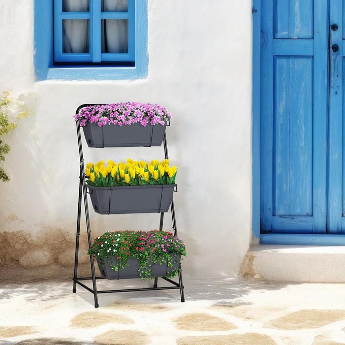 Vertical Garden Planter 3 Tier Raised Garden Bed Herb Garden Planter Outdoor Standing Garden Planter Box with Drainage Holes Removable Tray for Patio Balcony Porch Grey