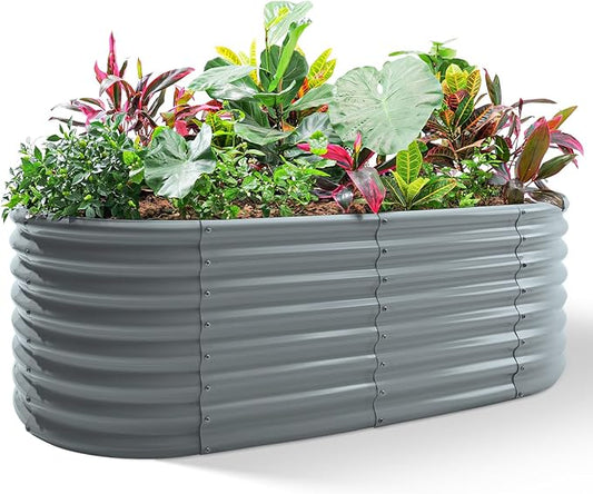 Land Guard 24“ Tall 4×2ft Galvanized Raised Garden Bed Kit, Galvanized Planter Garden Boxes Outdoor, Oval Large Metal Raised Garden Bed for Vegetables(Modern Gray, 4×2×2ft)