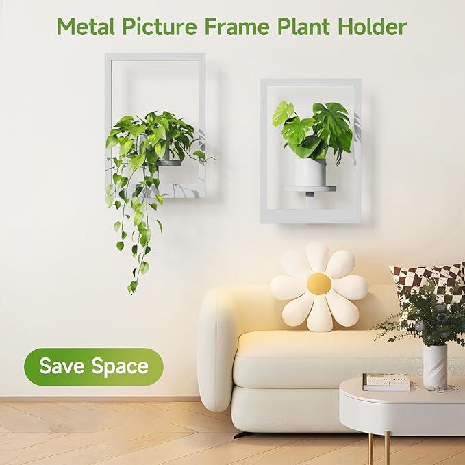 Picture Frame Wall Plant Holder, Metal Window Plant Shelves Plant Holder for Indoor Plants, Hanging Wall Planters Wall-Mounted Plant for Home, Office, and Garden (White, 2PCS)