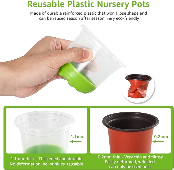 MIXC 30 Packs 4" Reinforced Clear Nursery Pots with Silicone Base for Easy Transplant, Transparent Plastic Plant Pot Reusable Seedling Pots Seed Starter Pots Flower Pot, Green