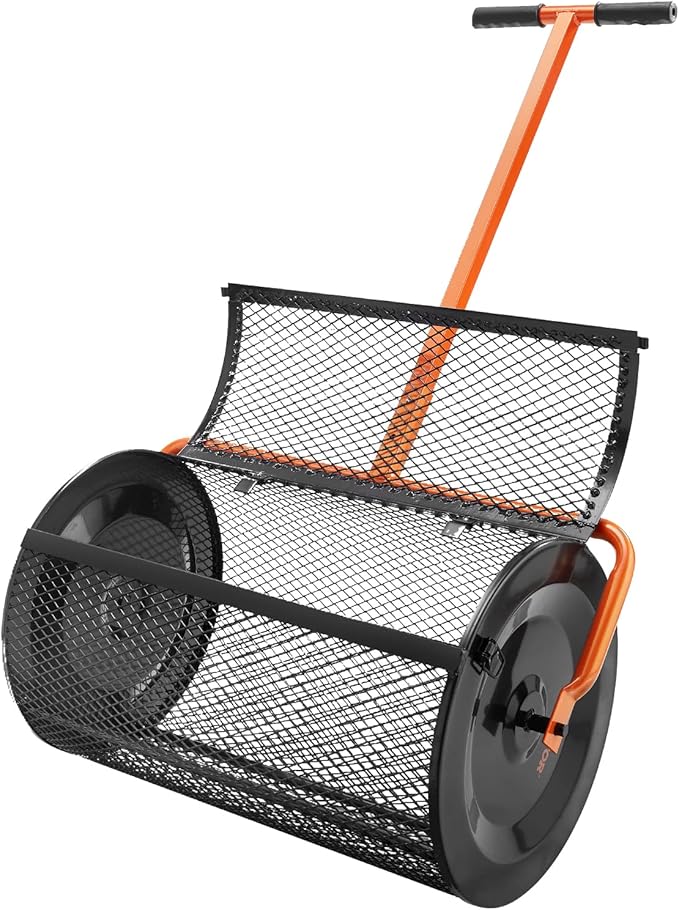 VEVOR Compost Spreader, 24.4-25.6" Height Adjustable Handle, 24" Wide, Lawn and Garden Peat Moss Roller with Side Latches, Powder Coated Steel Mesh Basket for Spreading Manure, Topsoil, Black