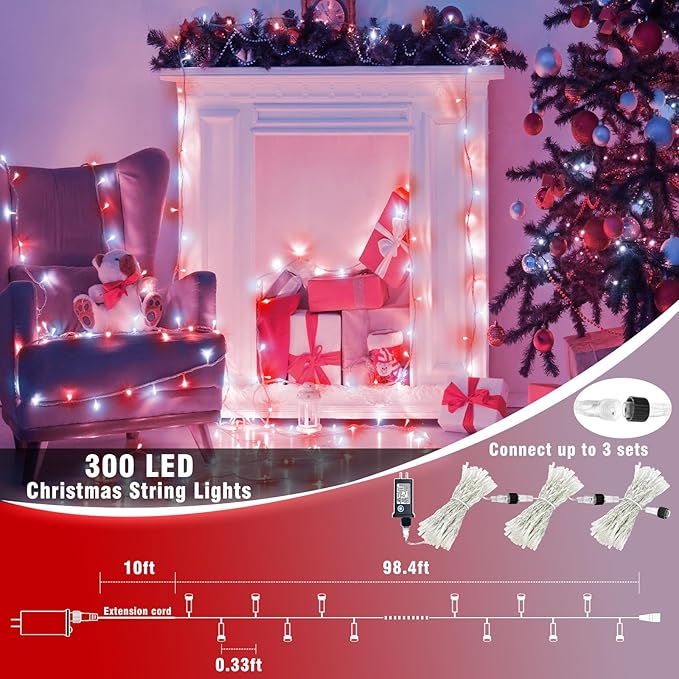300 LED Christmas Lights Outdoor - 99ft Extra Long Christmas String Lights 8 Modes Plug in Waterproof Fairy Lights with Timer Memory for Indoor Outside Bedroom Home Party Decoration, Red&White