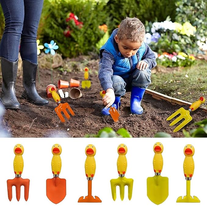 Kids Gardening Set Yellow Duck Handle, 6 Pieces (Organe+ Yellow), Kids Garden Tool Set Kids Beach Shovel Sandbox Play Toy Garden Hand Tool