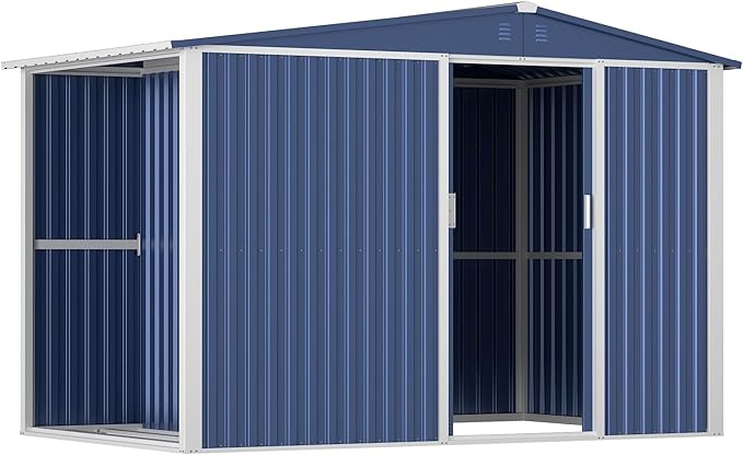 Metal Outdoor Storage Shed 10FT x 6FT with Firewood Storage, Steel Utility Tool Shed Storage House with Sliding Door, Metal Sheds Outdoor Storage for Backyard Garden Patio Lawn, Blue