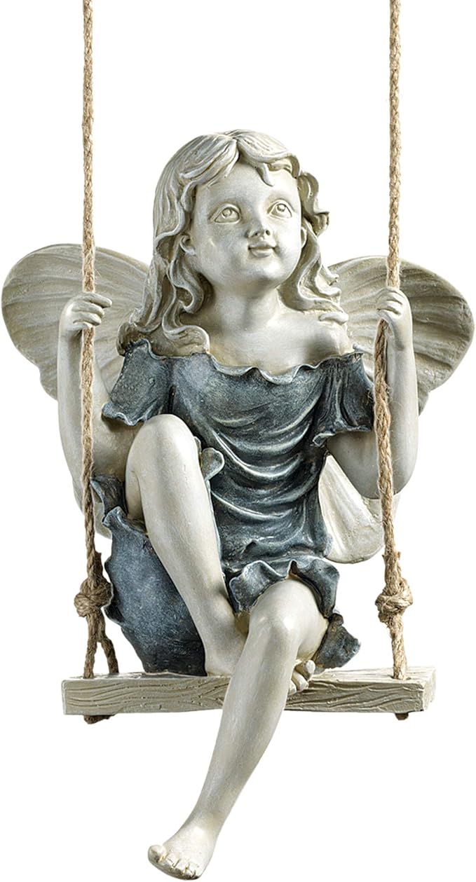 Design Toscano EU42046 Summertime Fairy on a Swing Hanging Statue, 11 Inch, Polyresin, Two Tone Stone
