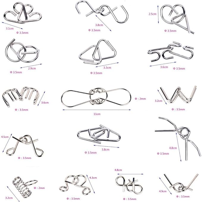 Ahyuan Metal Wire Puzzles Set of 16 Large Thick IQ Test Mind Games Toys Brain Teaser Puzzles Metal Wire Magic Trick Toy Metals IQ Puzzle Fidget Toys Party Favors for Kids Adults Challenge (Silver)