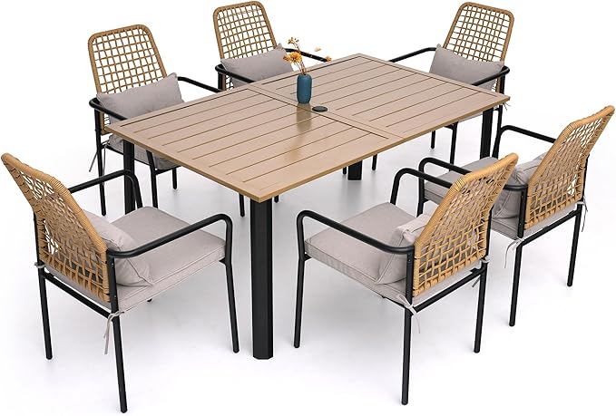 Outdoor Patio Table for 6 Person, Patio Dining Rectangle Table with 1.57" Umbrella Hole for Garden Lawn Backyard Parties, Black Metal Frame 63" L x 38" W x 29" H Brown