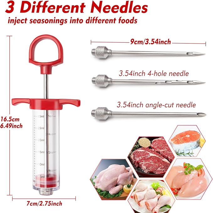 TGE-V 1-oz Plastic BBQ Marinade Injector Kit, Turkey Injector Syringe (3 Stainless Steel Meat Needles + 3 Replacement O Rings + 1 Cleaning Brush) for Smoked BBQ Grill
