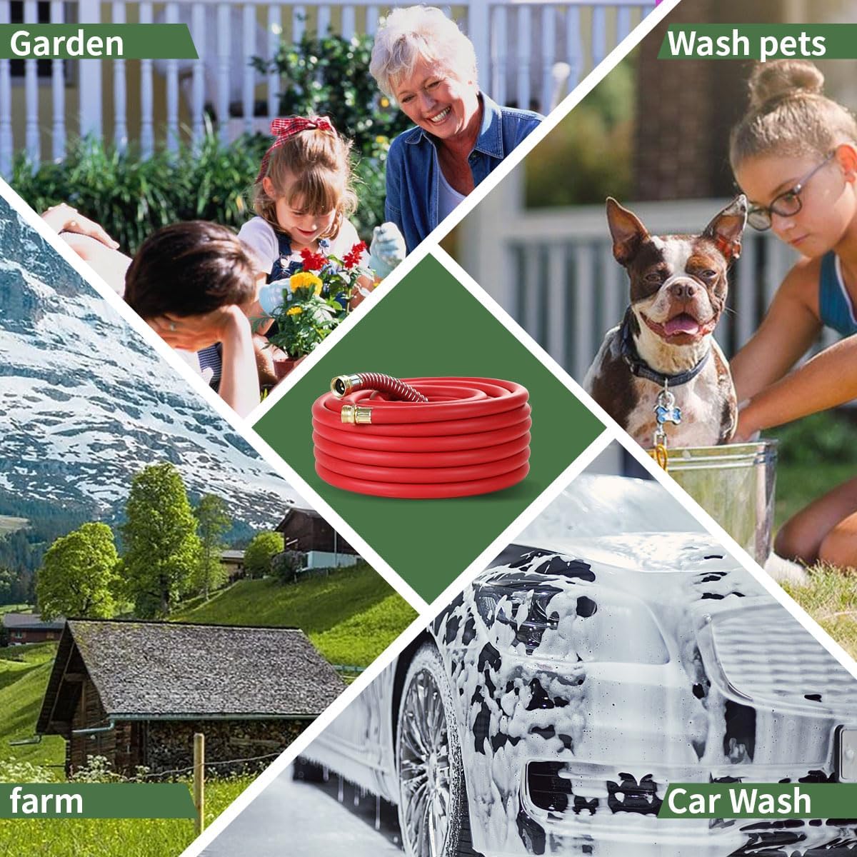 25FT 5/8 Heavy Duty Rubber Garden Hose - 200psi Working, 1000psi Burst - Hot/Cold Water - Five-Layered Braiding for Durability - Versatile for Gardening, Agriculture, Construction(Red)