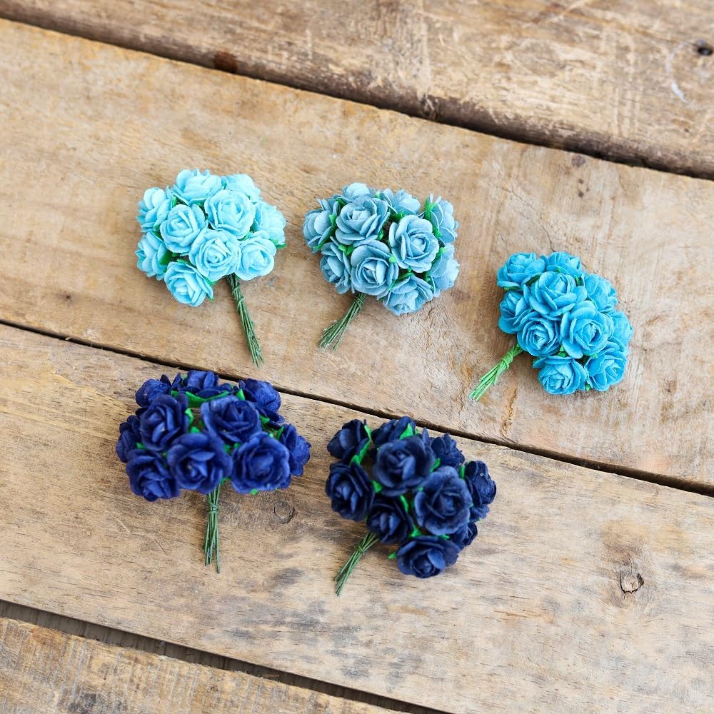 Handmade Mini Mulberry Paper Roses 18 mm Mulberry Paper Flowers Scrapbooking Wedding DIY Craft 50 pcs (Blue Tone)