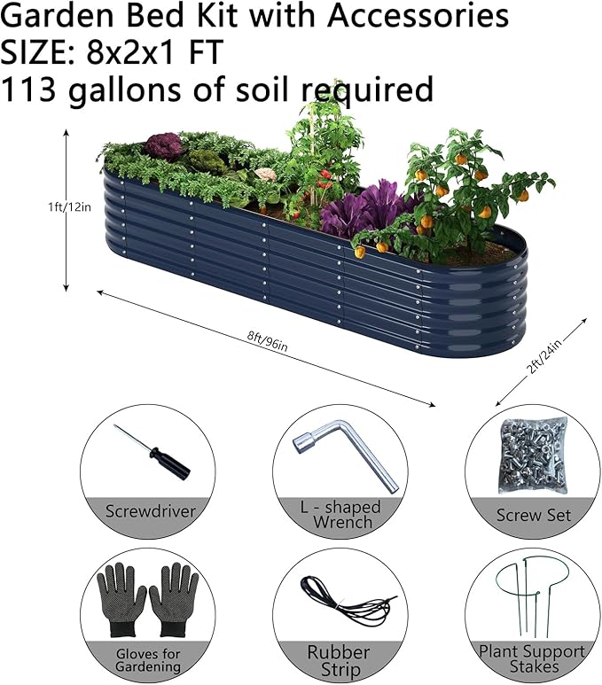Galvanized Metal Planter Raised Garden Bed Kit for Gardening Outdoor,8x2x1ft Planter Grow Garden Box Raised Flower Bed,Long Vegetable Clearance Herb Raised Garden Beds for Gardening