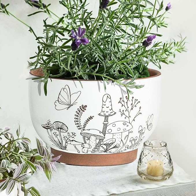 YBX 8 Inch & 6 Inch Terracotta Pots, Plant Pots Indoor, Flower Pots for Indoor Plants with Drainage, Planters with Mushroom Accent for Indoor Plants (Cottage)