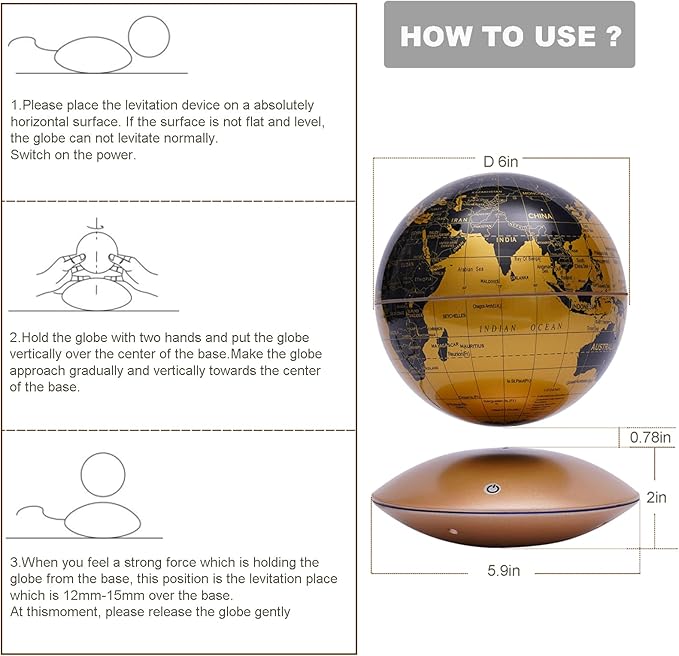 6" Magnetic Levitation Floating Globe Anti Gravity Rotating World Map with LED Light 7 Colors Display Floating Globe for Children Educational Gift Home Office Desk Decor (Gold)