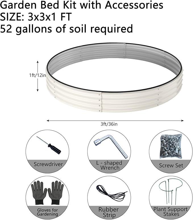 Galvanized Metal Planter Round Raised Garden Bed Kit for Gardening Outdoor,3x3x1ft 2PC Grow Garden Box Raised Flower Bed,Round Galvanized Planter Outdoor Large Metal Fire Pit Ring White