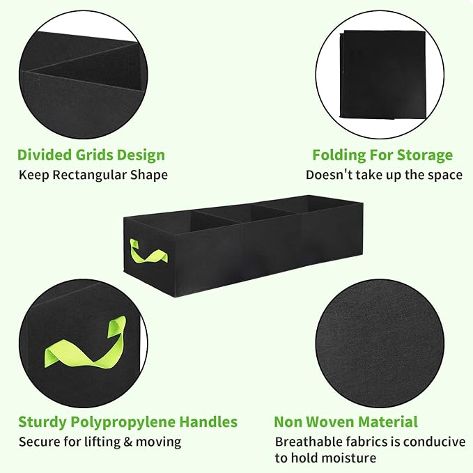 ANGELIOX 2Pcs Grow Bags, 3-Grids Rectangle Grow Bag,14 Gallon Thickened 400G Fabric Garden Bed, Nonwoven Square Flower Planter Containers for Flowers,Vegetable,Fruit, Growing Pots with Handles