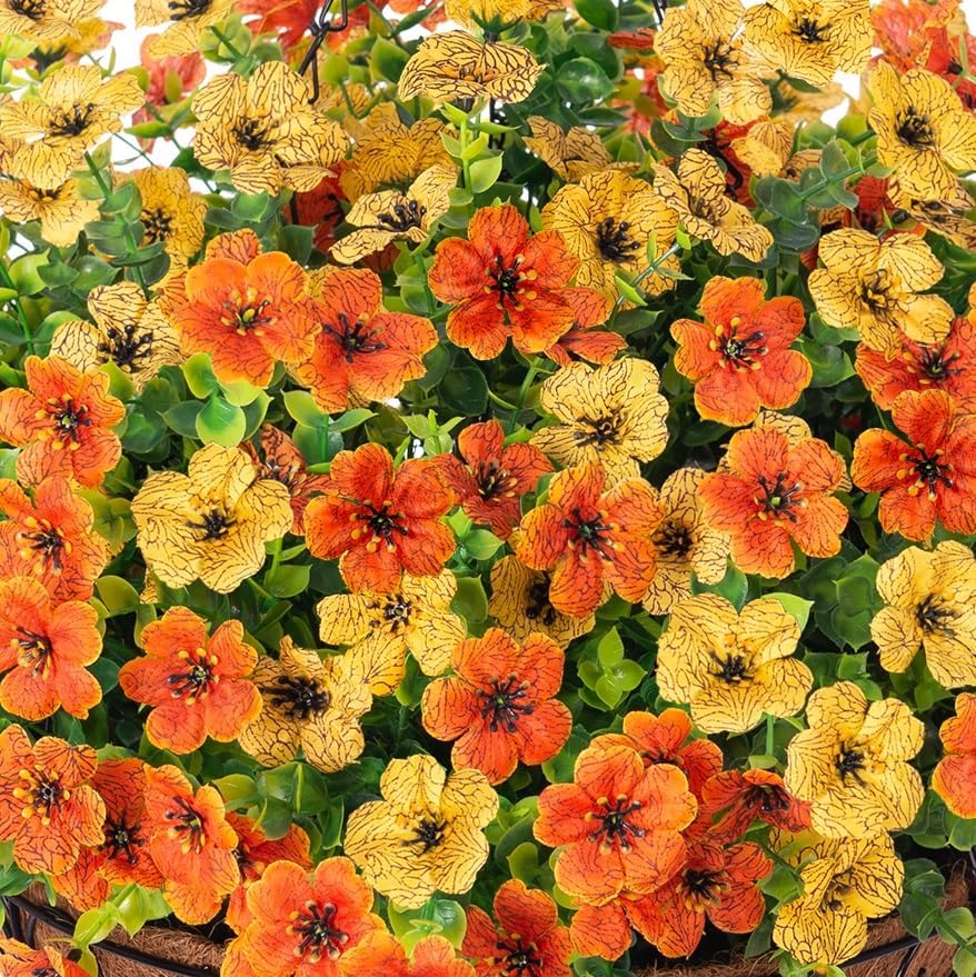 Artificial Fake Hanging Mums Plants Flowers Basket for Fall Autumn Outdoor Decor, Faux Silk Orange Dasiy Flower Look Real UV Resistant for Outside Porch Home Patio Garden Decoration