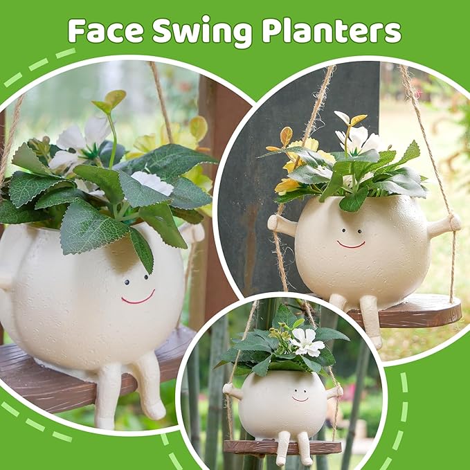 2 Pcs Swing Hanging Planters for Indoor Plants Swinging Plant Pot Face Hanging Flower Pots Resin Head Planter for Outdoor Succulents Gift Ideas for Mother
