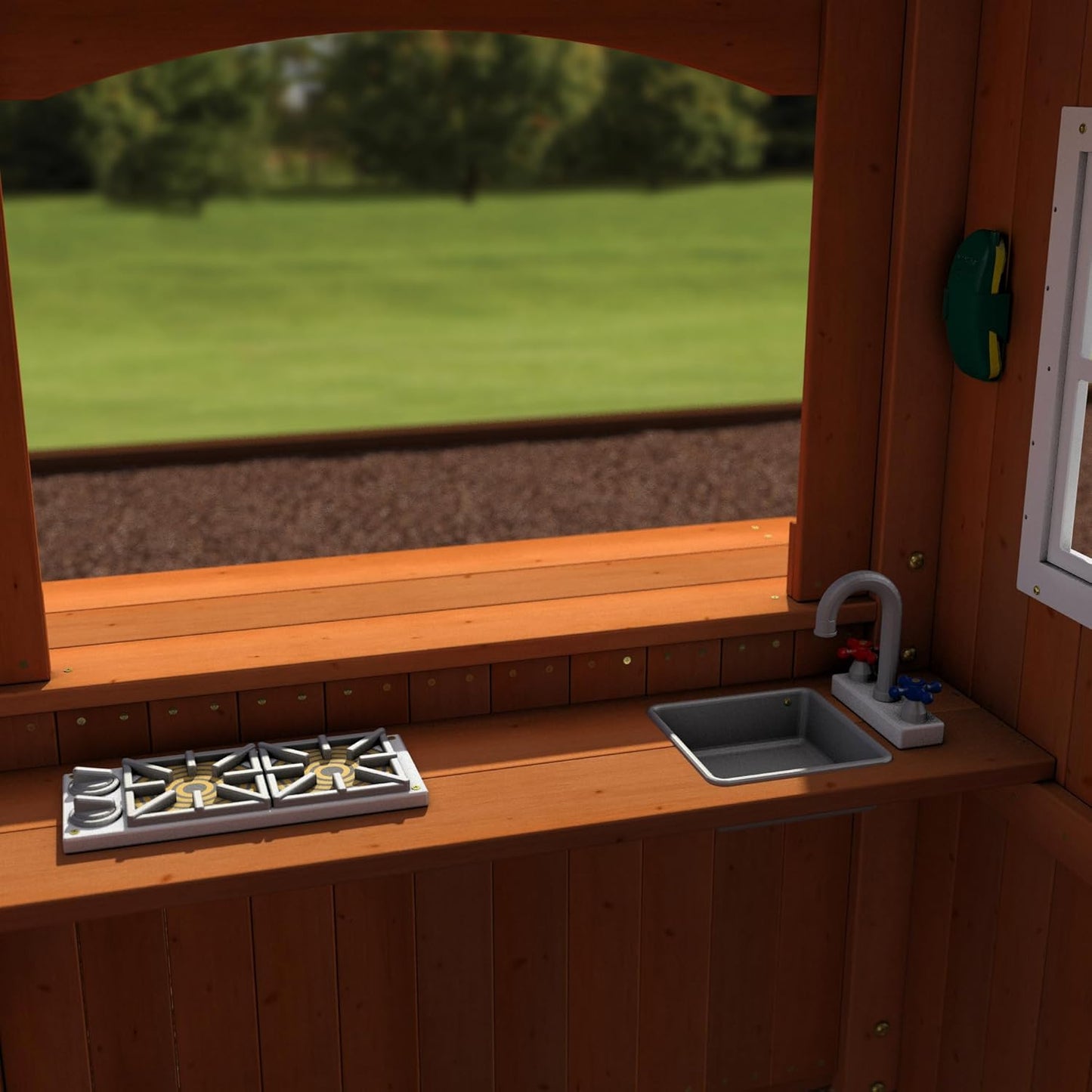 Backyard Discovery Shenandoah Cedar Wood Swing Set with Wave Slide, Raised Clubhouse, Playhouse, Play Kitchen, Belt Swings, Trapeze, Rock Wall, Ladder, Picnic Table, Full Door, Outdoor Playset