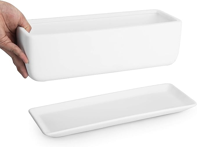 MyGift 14 Inch Modern Unglazed White Ceramic Indoor Plant Pot with Drainage Hole, Rectangular Succulent Planter Window Box with Removable Saucer, White