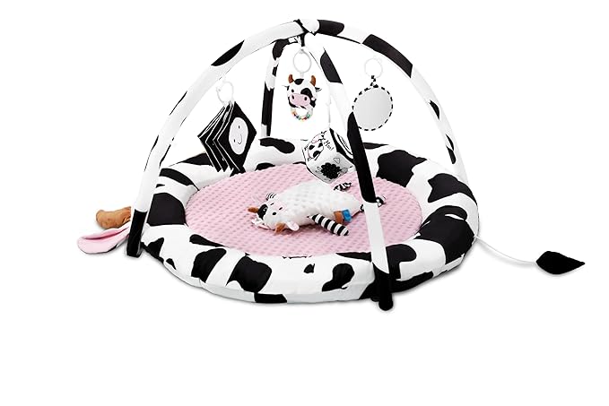 Pink Cow Baby Play Gym,Tummy Time Mat with 6 Sensory Toys, Extra Thick Soft Baby Play Mat for Floor, Newborn Essentials Christmas Gift 0-3-6-9-12 Months