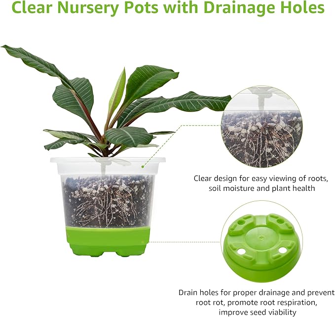 MIXC 30 Packs 4" Reinforced Clear Nursery Pots with Silicone Base for Easy Transplant, Transparent Plastic Plant Pot Reusable Seedling Pots Seed Starter Pots Flower Pot, Green