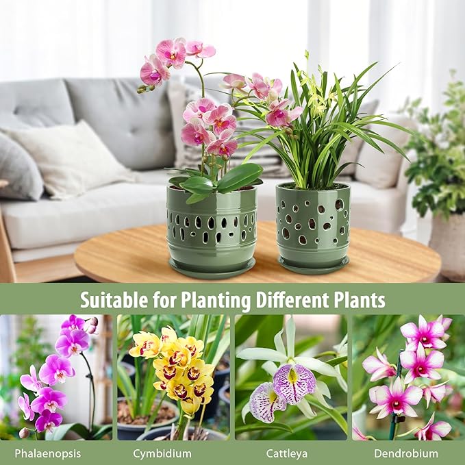 Orchid Pots with Holes, 5+6 Inch Ceramic Orchid Pot, Enhance Good Ventilation and Drainage,Flower Pots for Indoor/Outdoor Plants 2 Pack - Forest Green