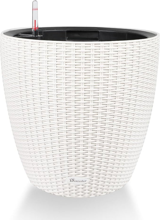 Dexceder 15x14 Rattan Self Watering Planter with Wheels Indoor Outdoor, Inner Pot Design, Thickened Large Floor Standing Flower Plant Pot with Water Level Indicator (Ivory White)