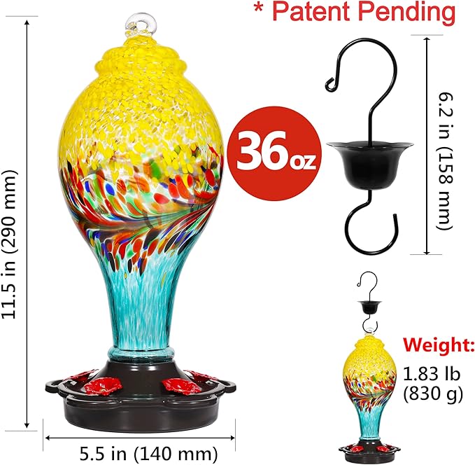 LUJII Hand Blown Glass Hummingbird Feeder for Outdoors with Ant Moat, Leak Proof & Rustproof,36 fl.oz, Metal Base Cover with 5 Feeding Ports & 5 Perches, Glass Art for Garden Decor (Blue Mixed Yellow)