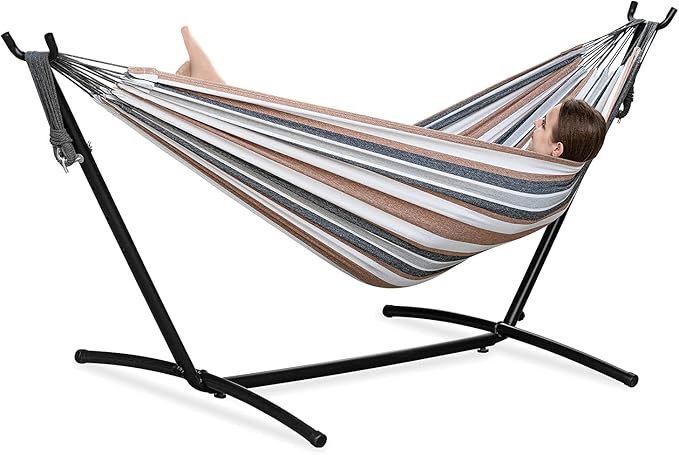 PNAEUT Double Hammocks with Stand for Outside, Portable Space Saving Heavy-Duty Steel Stand for Indoor Outdoor Patio with Carrying Bag, 450 lbs Capacity (Coffee)