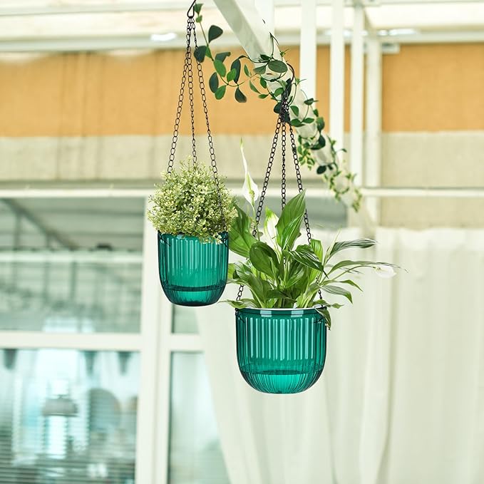 Maxcheck 4 Pcs Self Watering Hanging Planters Indoor 6.5'' 4.5'' Hanging Flower Pots Baskets Outdoor Self Watering Hanging Plant with 3hooks Drainage Holes for Home(Emerald)