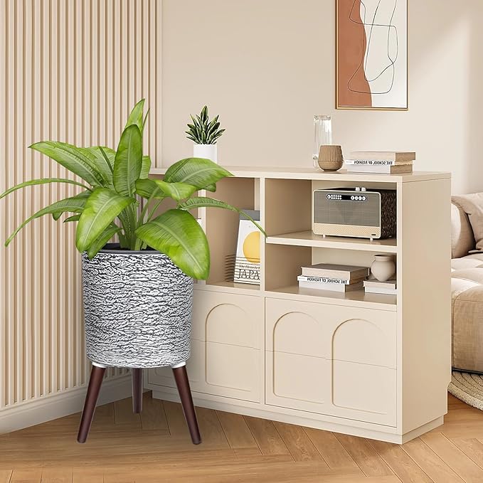 12 Inches Plant Pots with Stand Mid Century Flower Pots with Wood Legs Large Mode Cylinder Planter with Drainage Holes for Indoor Plants,Garden,Decorative-Grey