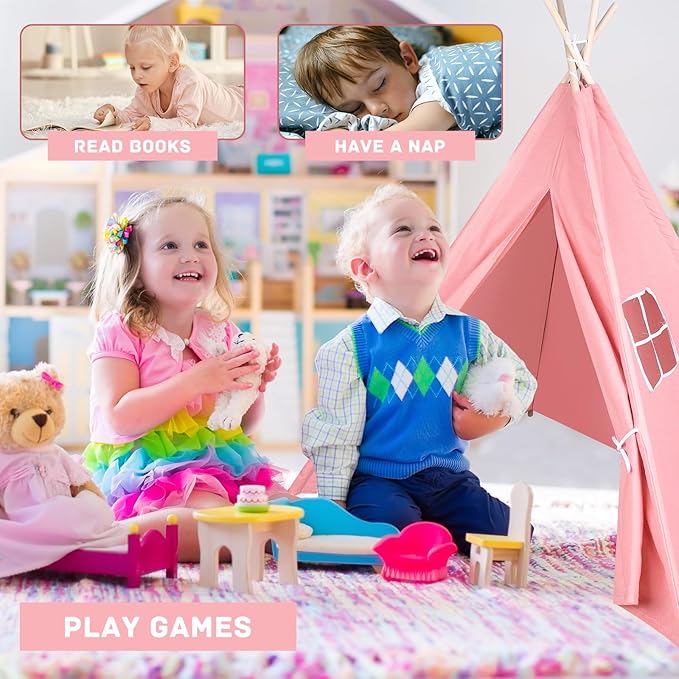 6 Packs Pink Teepee Tent for Kids with 10FT String Lights, Indoor Outdoor Play Teepee Tent for Girls & Boys, Foldable Tents for Birthday Party Boho Sleepovers Party Pajama Party