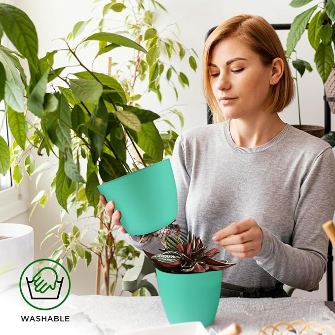 Planter Pots with Drainage Holes - Lightweight, Durable, and Space-Saving Pots for Indoor and Outdoor - Versatile Functionality, Simple Modern Design, Set of 10 Plastic Planter Pots - Aqua