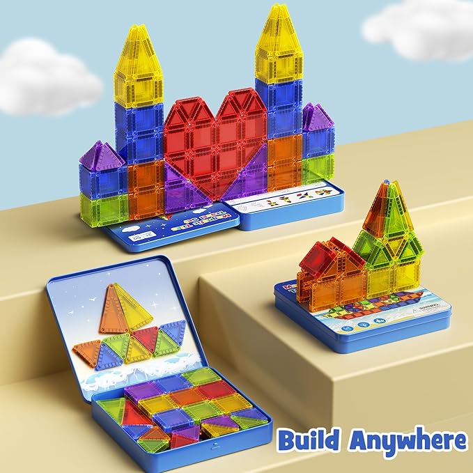 60PCS Mini Magnetic Tiles Travel Set with Metal Storage Box, Magnetic Blocks Kids Toy 3D Clear Magnetictiles Road Trip Essentials Montessori Preschool Classroom Must Haves Xmars Gift for Age 3+