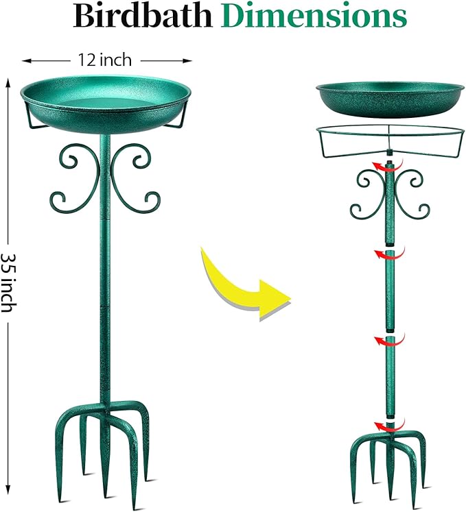 Daoeny 35In Metal Bird Bath for Outside, Vintage Freestanding Birdbaths & Birdfeeder, Bird Baths Feeder Bowl for Outdoors Garden Patio Yard Lawn Decor, Upgraded 5-Pronged Base (Green)