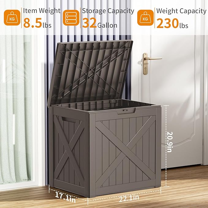 32 Gallon Outdoor Deck Box,Storage Lockable Waterproof Patio Furniture,Garden Tools,Cushions,Pool Accessories Outside Storage Resin Box(Light Brown)