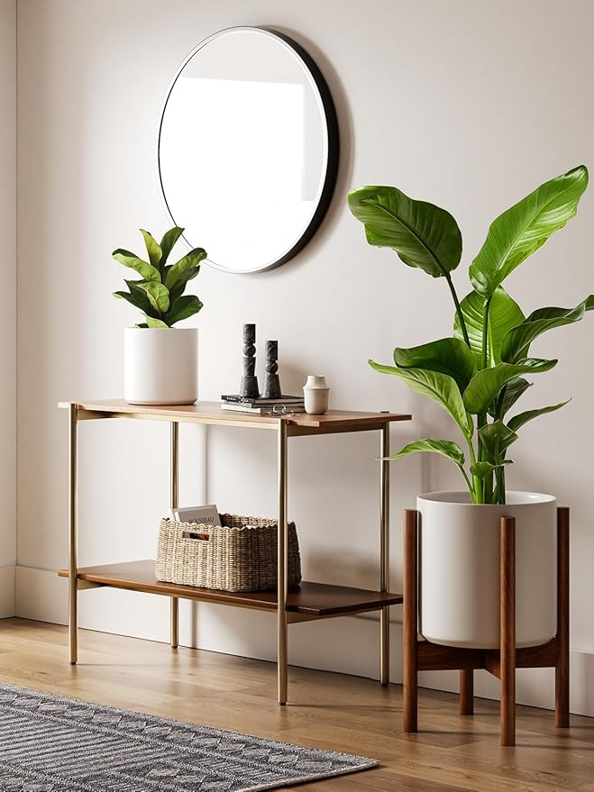 LE TAUCI 12 Inch Plant Pot with Acacia Wood Stand, Large Ceramic Planter for Indoor Plants, Mid-Century Modern Home Decor, Round Flower Pot with Drainage Hole and Adjustable Plant Stand, White