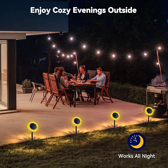 Outdoor Solar Lights, 4 Pack Led Solar Sunflower Lights, Stake/Wall 2-in-1 Waterproof Solar Garden Lights for Yard, Landscape, Fence, Patio, Driveway, Pathway, Backyard Decoration (Warm White)