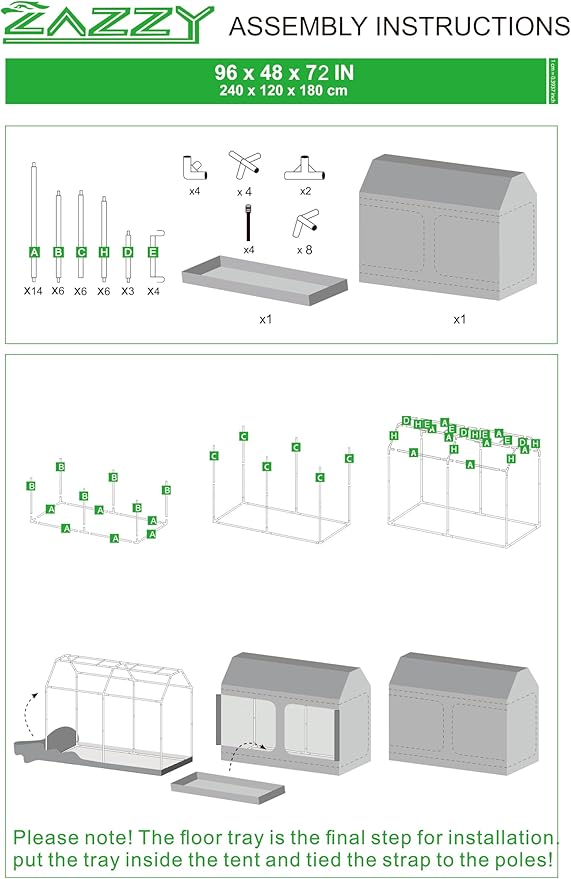 zazzy 4x8 Grow Tent, 96"x48"x72" Roof Cube Indoor Plant Grow Tents with Observation Windows, Lightproof Roof Cube Mylar Hydroponic Growing Tent with Floor Tray Plant Growth
